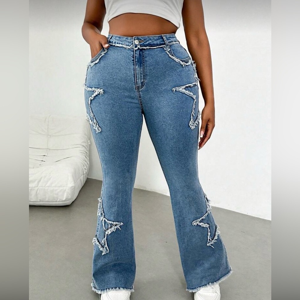 Plus Size Blue Denim Casual Skinny Flare Jeans - Picture 3 of 6